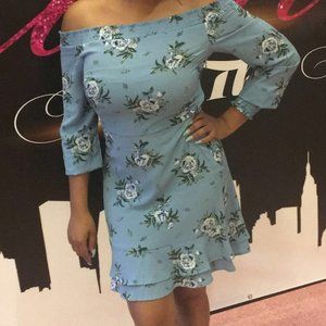 H&M Light Blue Floral off-the-shoulder Dress
